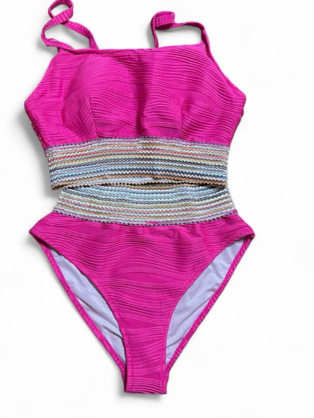 Women’s ' Pink Textured Two-Piece Swim Set with Multicolor Waistband